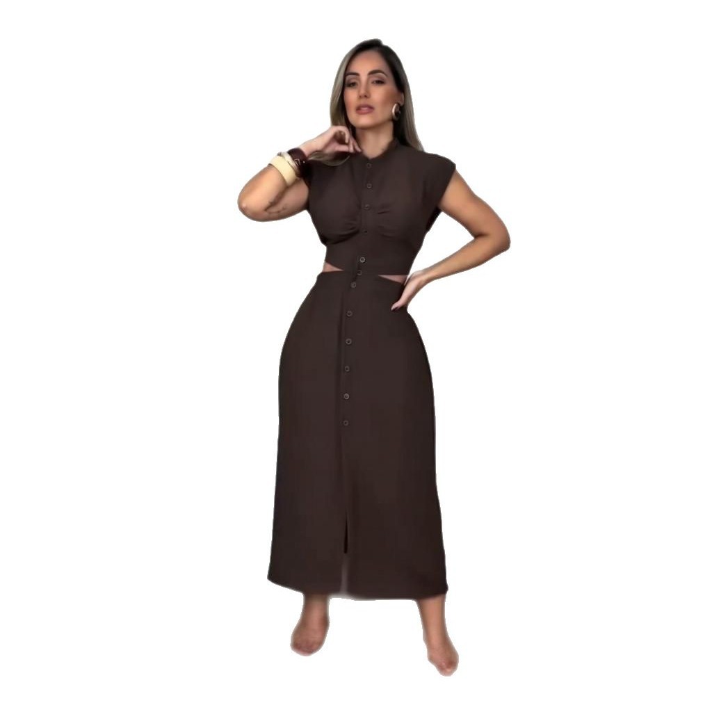 summer elegant long skirt sleevless with a round collar