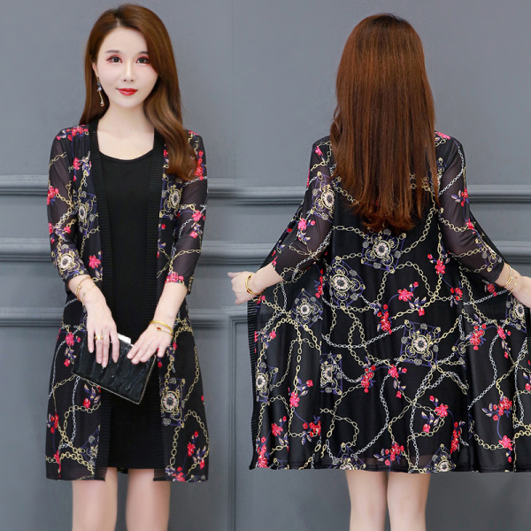 春夏新款大码女外搭蕾丝防晒衣中长款妈妈披肩上衣网纱开衫薄外套|ms