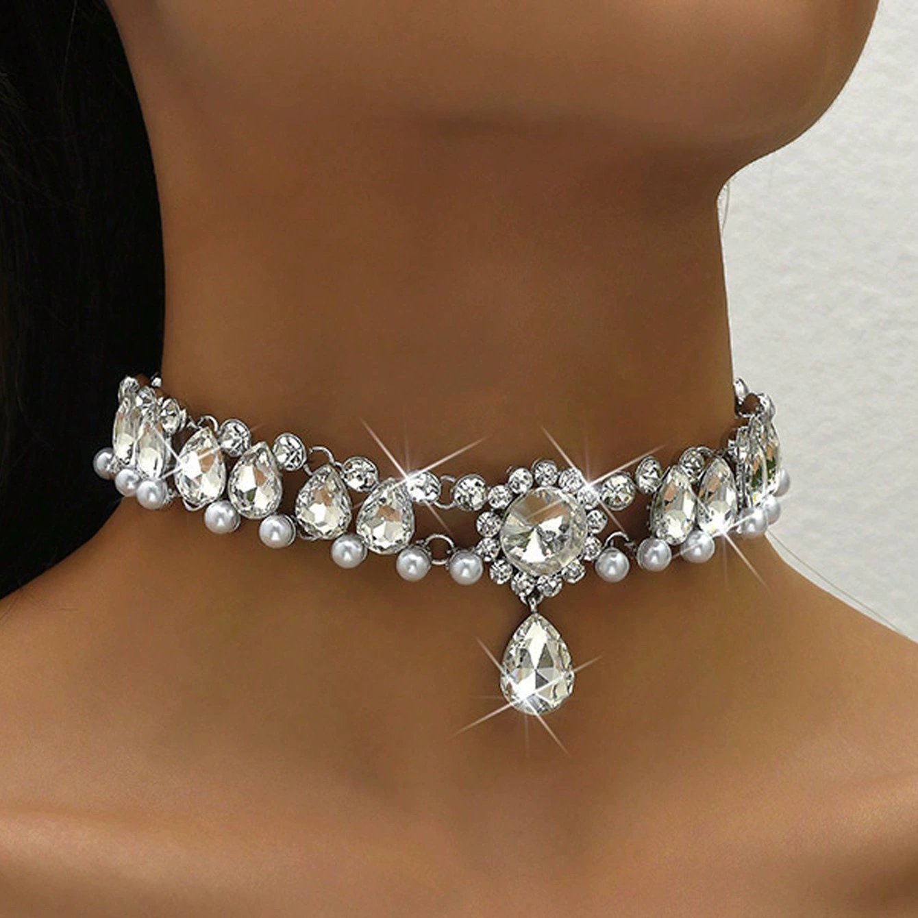 Pearl Choker Necklace, Bridal Crystal Drop, European city style, Silver or Gold finish