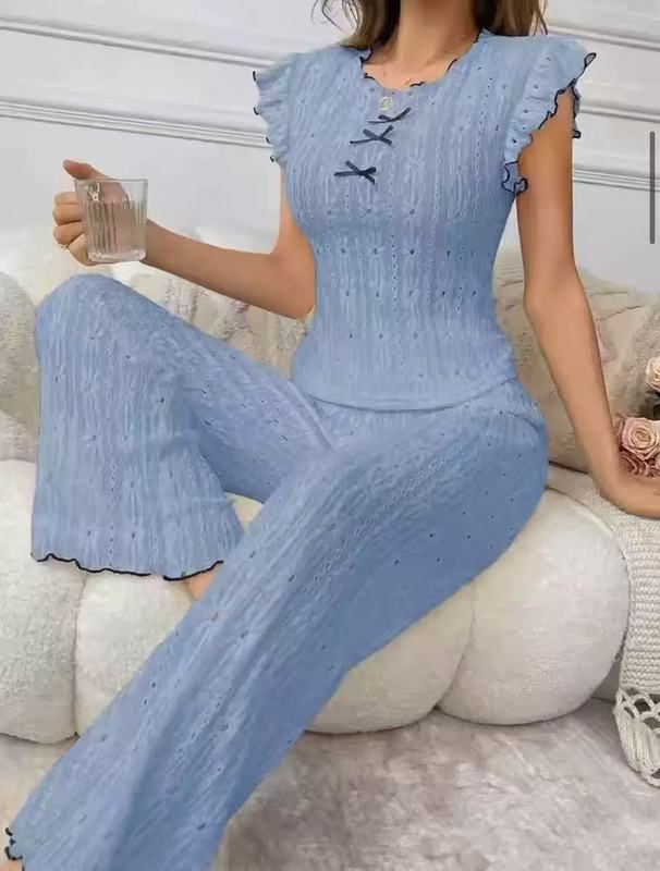 ヨーロッパとアメリカンスタイルのスーツ甘いリボン女性のパジャマ夏の新しいハイエンドラウンドネックノースリーブ中空ホーム服|undefined