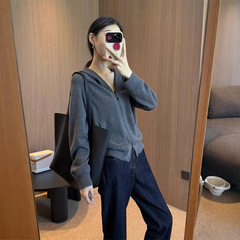 休闲百搭~精纺美丽诺羊毛西平针双拉链减龄连帽针织衫外套女010