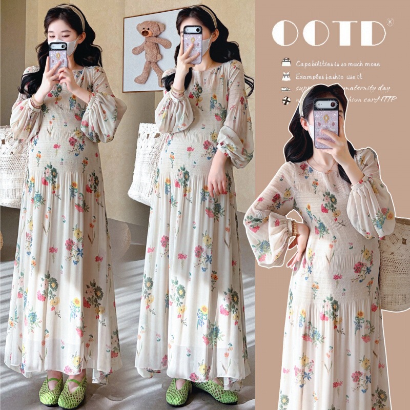 Real Shot of Maternity Wear Spring/Summer 2026 New French Pastoral Style Printed Heavy-Duty Pleated Chiffon Vacation Dress