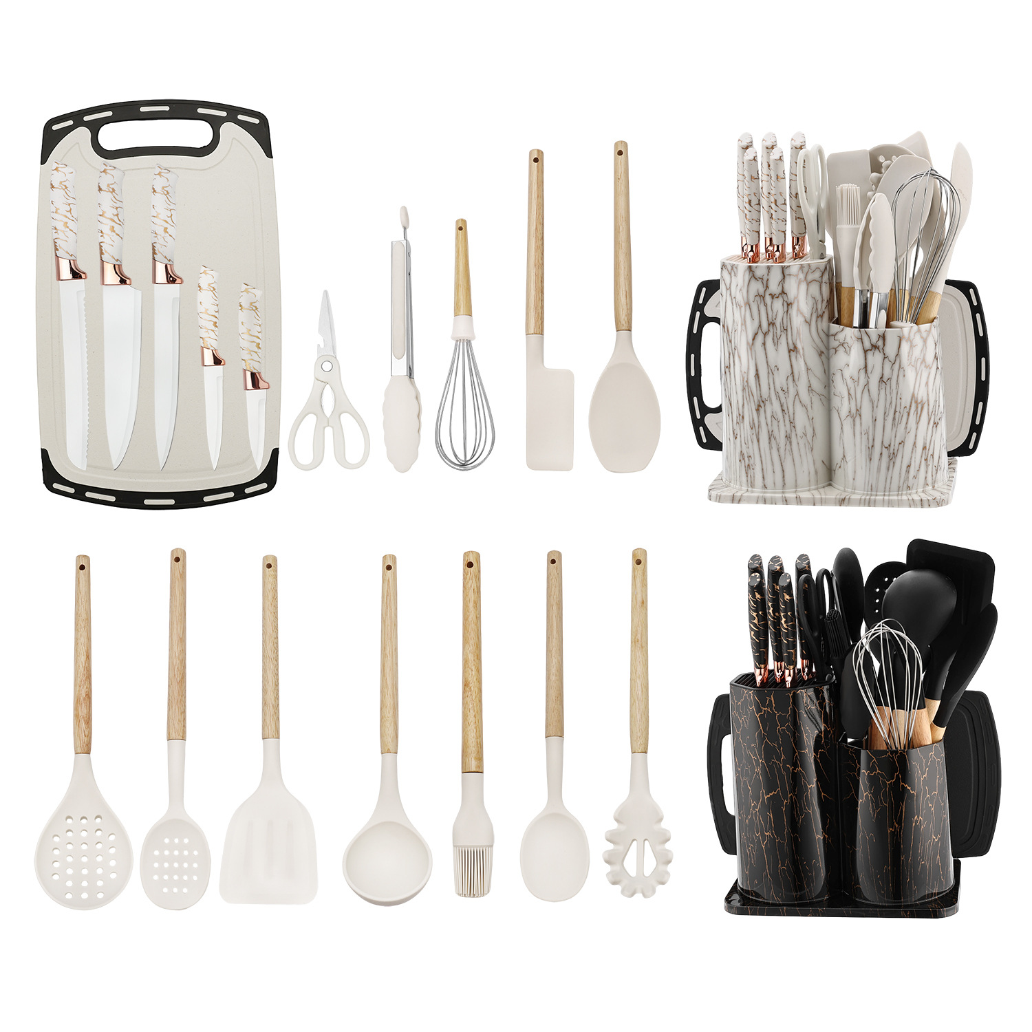 Nuevo agrietamiento octogonal de cocina de silicona 19 piezas de cocina de silicona antiadherente conjunto de cuchillos combinados