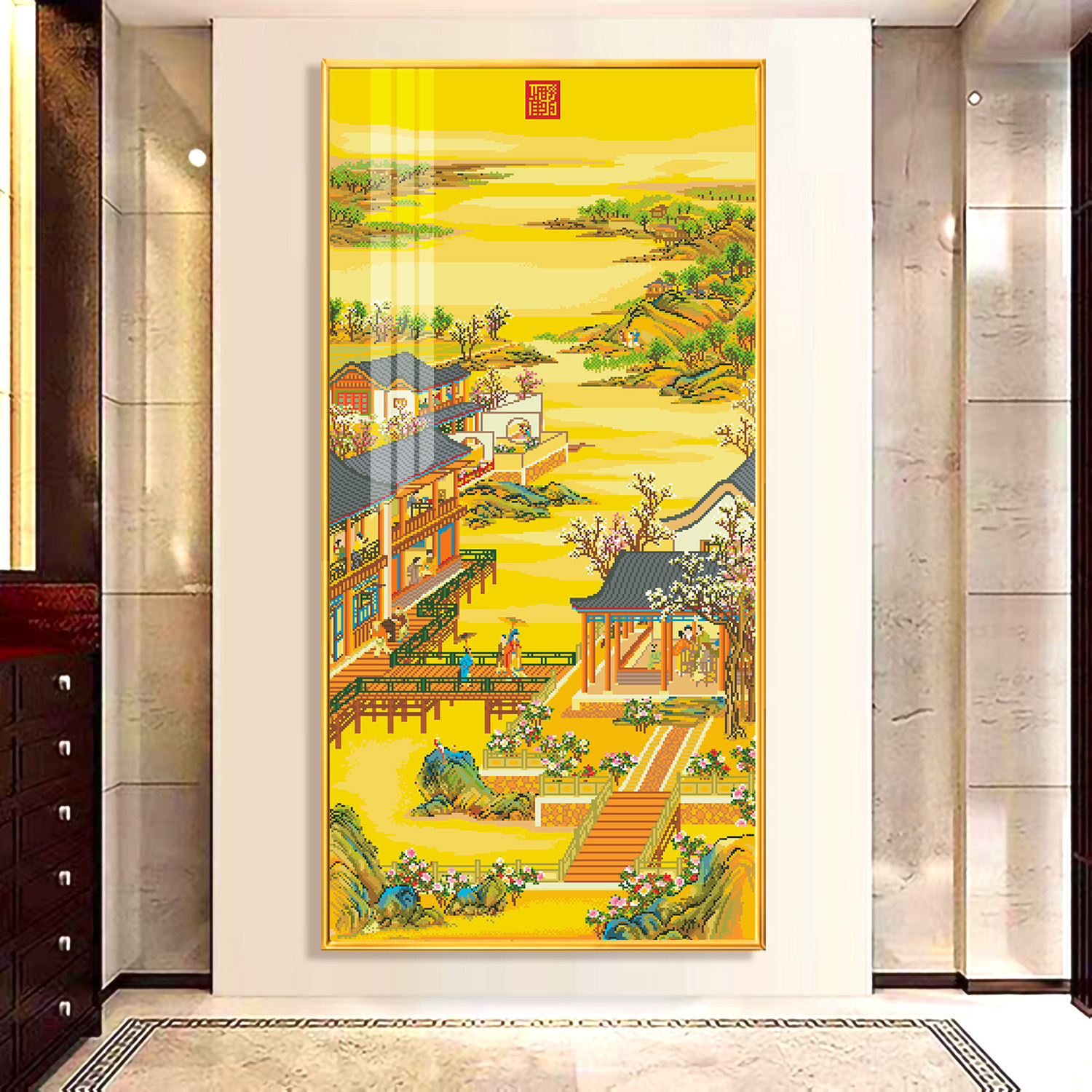 Antiguo paño de seda grande GE Yongzheng febrero rodadura verde Cruz puntada + marco imagen a juego