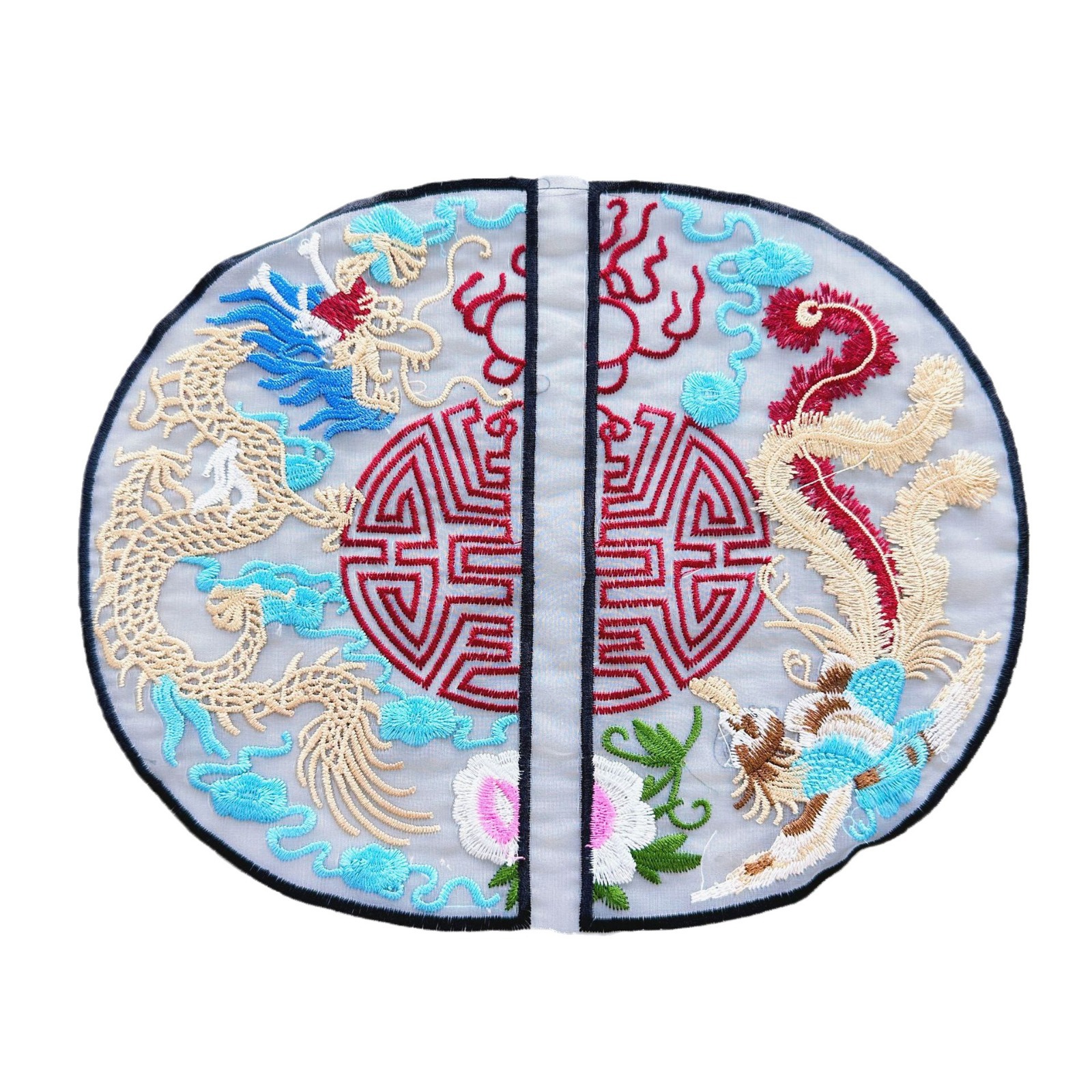 Traje antiguo Hanfu caballo cara vestido calcomanías regalo ropa vestido decorativo flor doble felicidad dragón y Fénix malla bordado tela pegatinas Accesorios