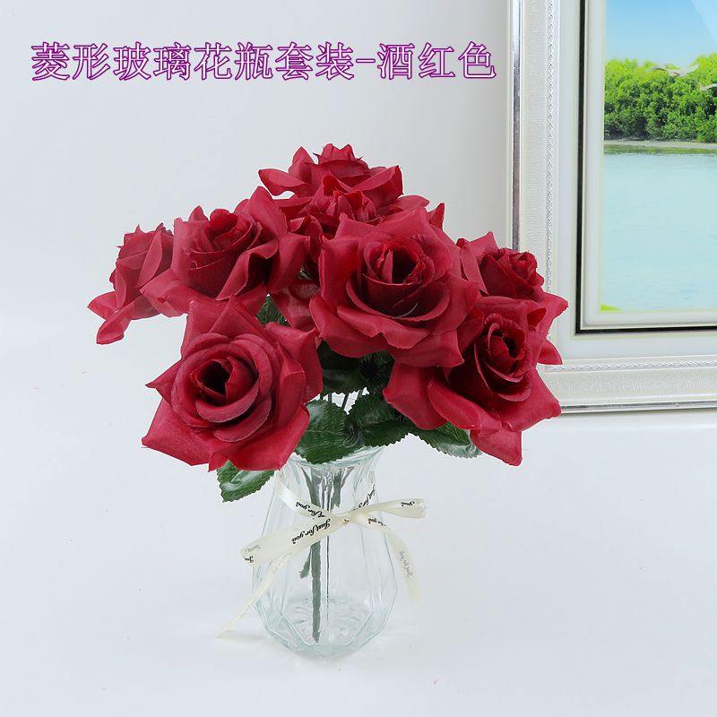 Venta al por mayor directamente de fábrica: conjunto de rosas realistas, arreglo floral decorativo en florero de vidrio, ramo de flores artificiales, alta simulación.