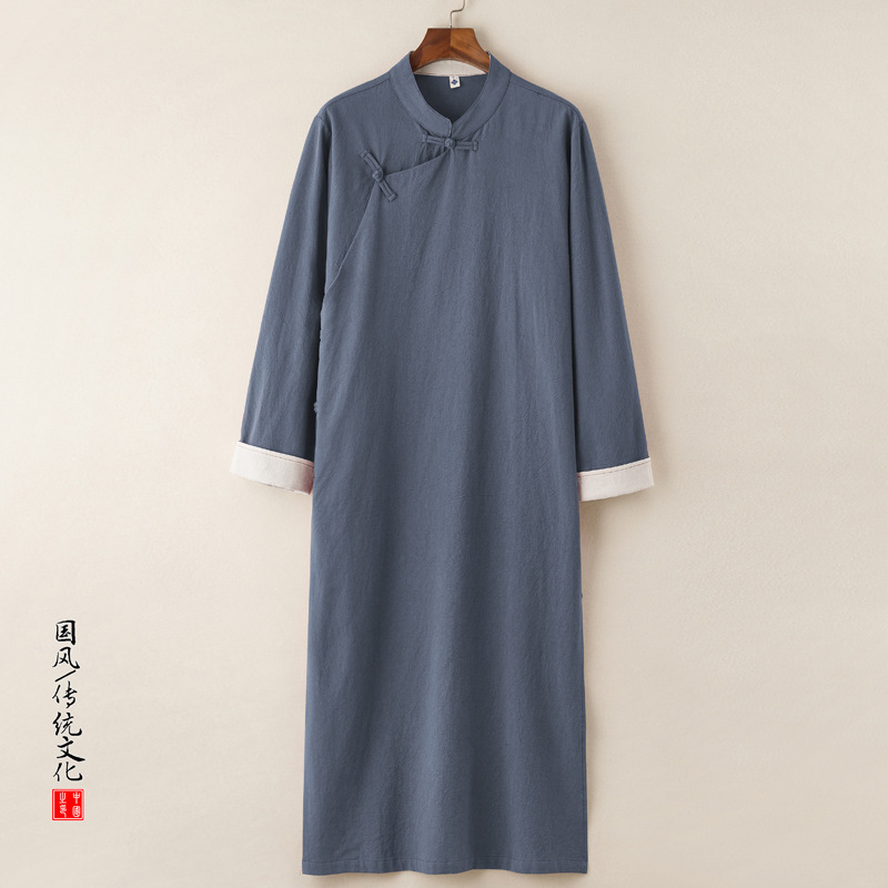 Spring New Arrival Chinese Style Men's Vintage Cotton and Linen Long Gown Men's Xiangshang Clothing Ancient Costoured Hanfu Linen Mid-Long Gown