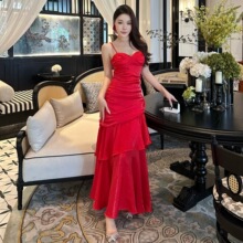 夏日绝美小裙子复古红色度假风吊带长裙晚礼服收腰荷叶边连衣裙女
