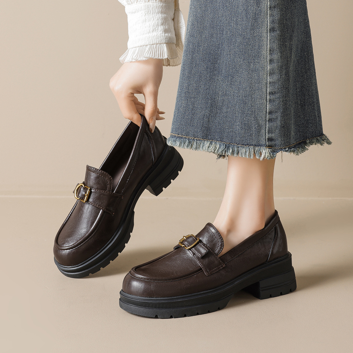 Qadın Retro Loafer Ayaqqabısı, Qalın Altlıq, Süni Dəri, Slip-On