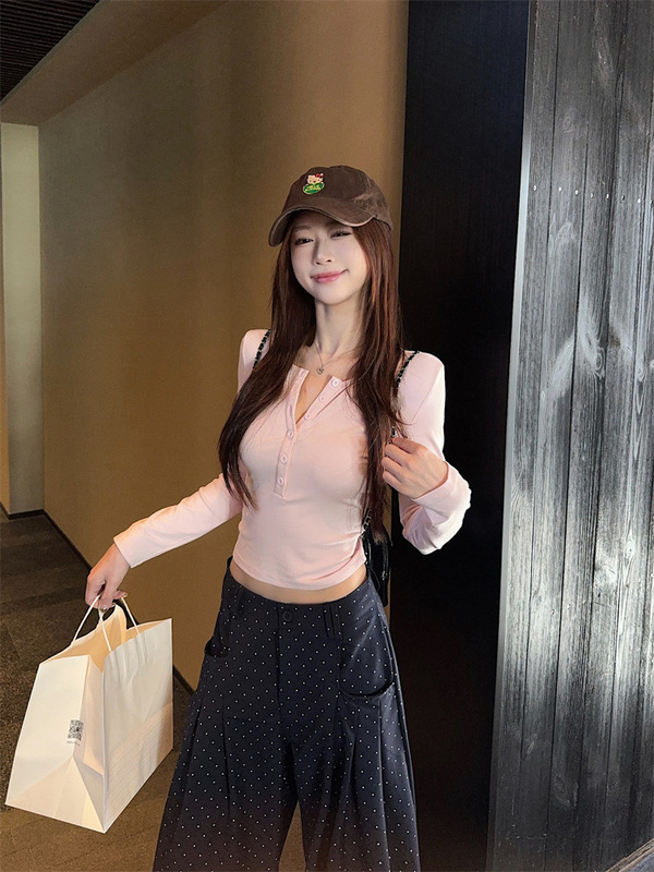 粉色长袖小众半开领短款T恤女秋季韩系甜辣妹修身显瘦内搭打底衫|undefined