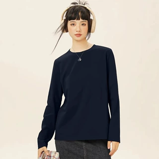圆领T恤女2026新款简约百搭纯色长袖宽松舒适内搭打底衫女士上衣