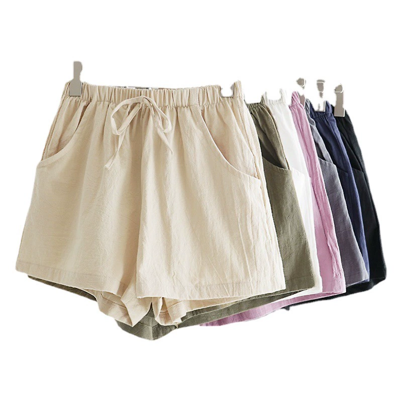 Хлопковые льняные шорты с высокой талией, женские летние свободные повседневные льняные шорты с эластичной талией, облегающие брюки в Корейском стиле, тонкие широкие брюки больших размеров