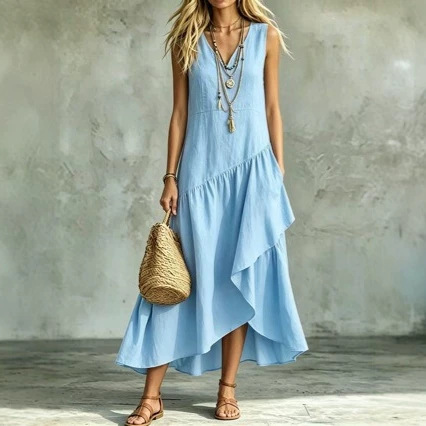 2026 Summer New Cross-Border Style V-Neck Sleeveless Cotton and Linen Dress with Ruffled Irregular Long Skirt, Vacation Style, Loose Fit