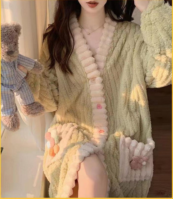 Otoño e Invierno nuevo coral fleece franela lindo moda largo homewear pijamas pantalones de manga larga traje de las mujeres