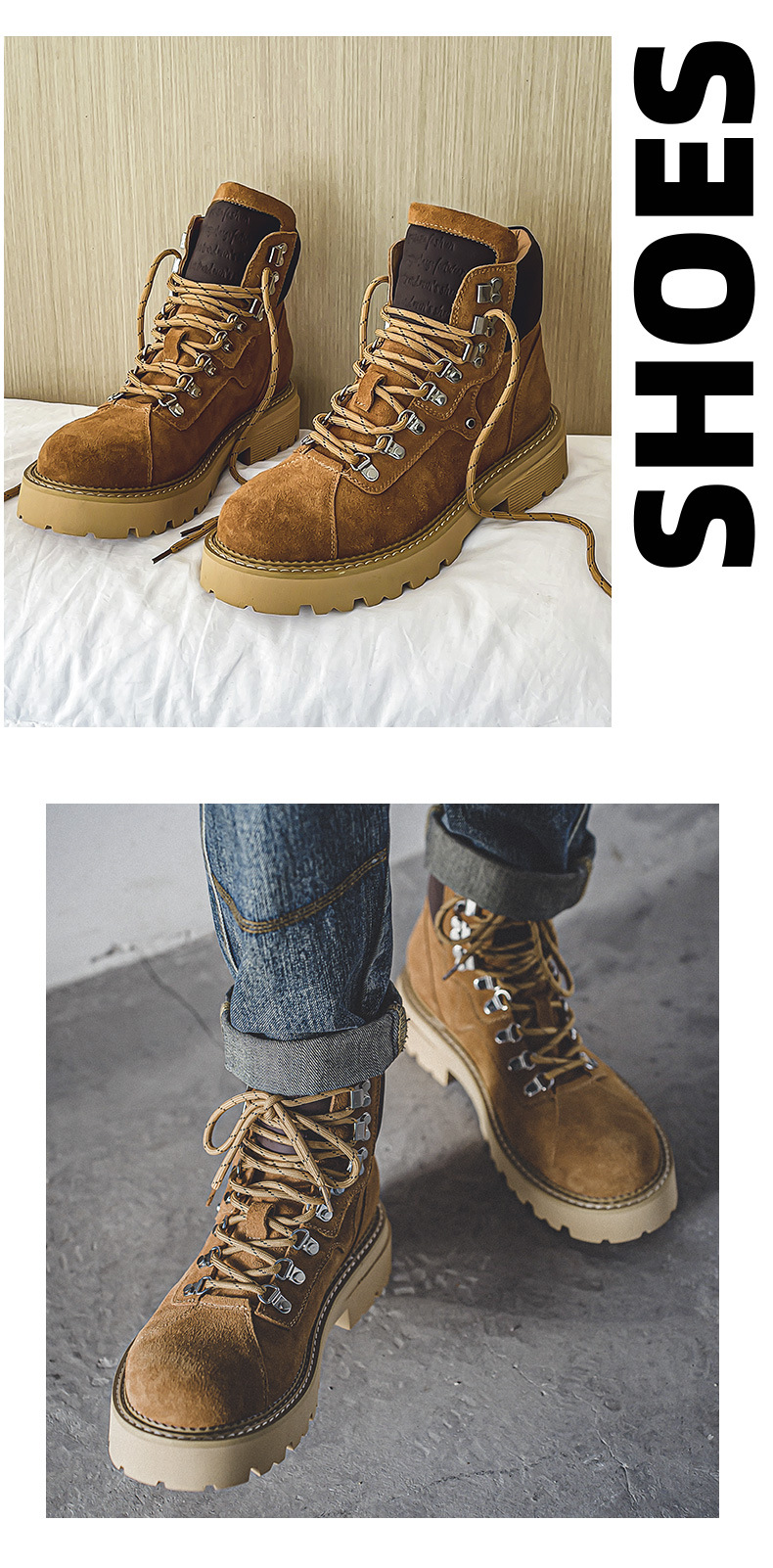 Cowhide autumn and winter men's work boots new retro couples to increase big yellow boots men's shoes_voghion.com