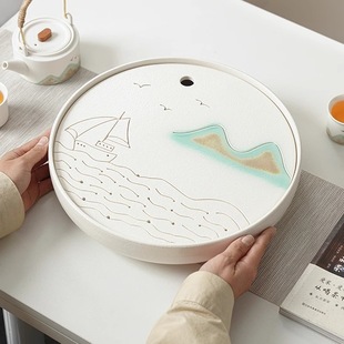 Japanese Tea Tray Large Dry Bubble Tray Tea Table Household All-Ceramic Simple Water Storage Tray Round Office Saucer Tea Sea