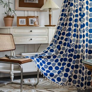 Yiman Qiyun Curtain Bohemian Style Blue Polka Dot Printed Curtain Finished Kitchen Curtain Bay Window