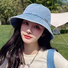 牛仔渔夫帽女韩版潮春夏天盆帽遮阳帽子牛仔帽子女日系百搭缝标帽