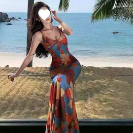 泰国小众露背绑带连衣裙女海边度假热带印花吊带裙自带胸垫沙滩裙