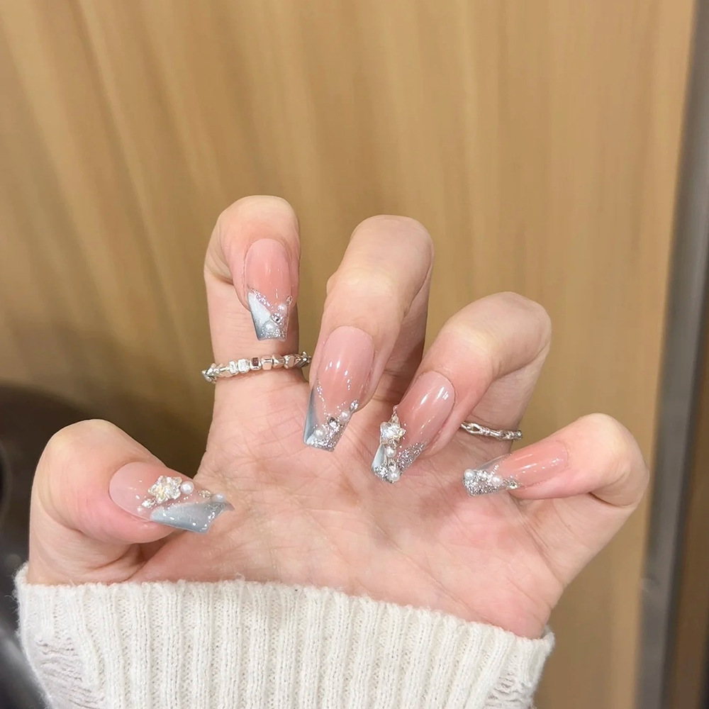 Juego de 10 piezas de puntas de uñas con forma de ballet, uñas postizas hechas a mano estilo francés con efecto estrella, uñas postizas iridiscentes con efecto ojo de gato y diamantes de imitación.