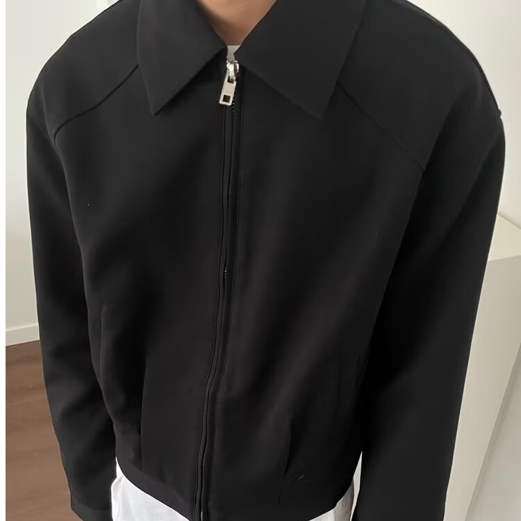 Korean Style Shoulder Pad Lapel Suit Jacket Men's Simple and High-End Gray Short Zipper Jacket Trendy Top