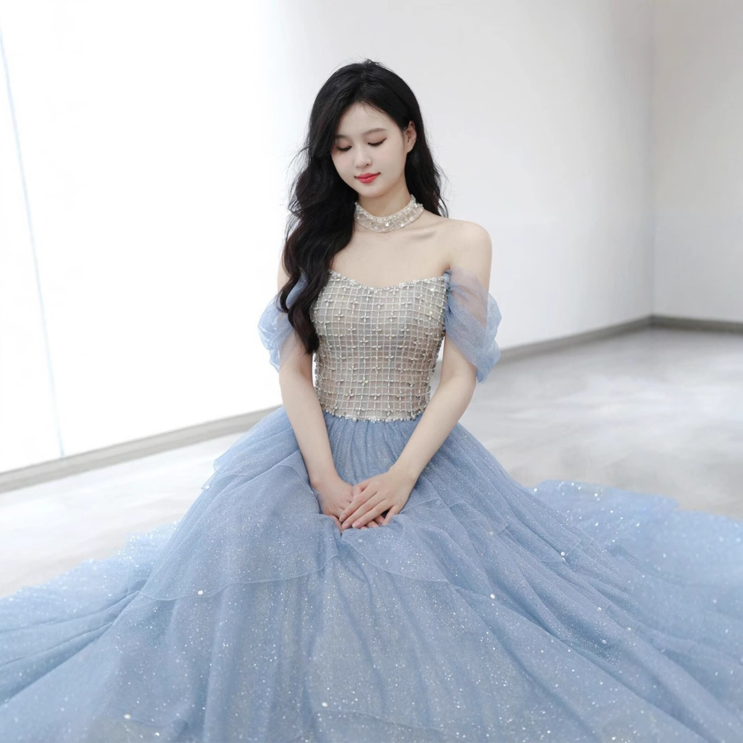 2026 nuevo azul azul azul hombro vestido de princesa piano violín vestido de anfitrión de espectáculo vestido de examen vocal