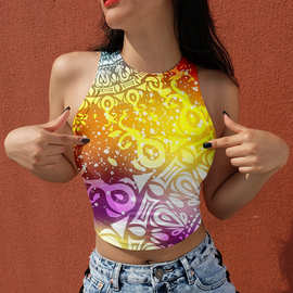 2021亚马逊夏季吊带背心上衣女式挂脖波西米亚圆领无袖露脐背心