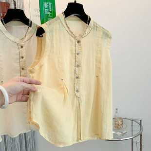 Actual Shot of 2025 Summer New Style Stand-Up Collar Sleeveless Single-Breasted Hand-Embroidered Slimming Look Versatile and Comfortable Top for Women