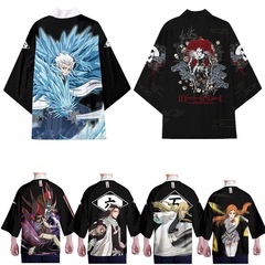 Cosplay of Kenpachi Zaraki, Rukia Kuchiki, Taichiro Kuchiki, and Himari Shikigami wearing a black kimono with a coat and a summer robe with a cape and a feathered yukata.