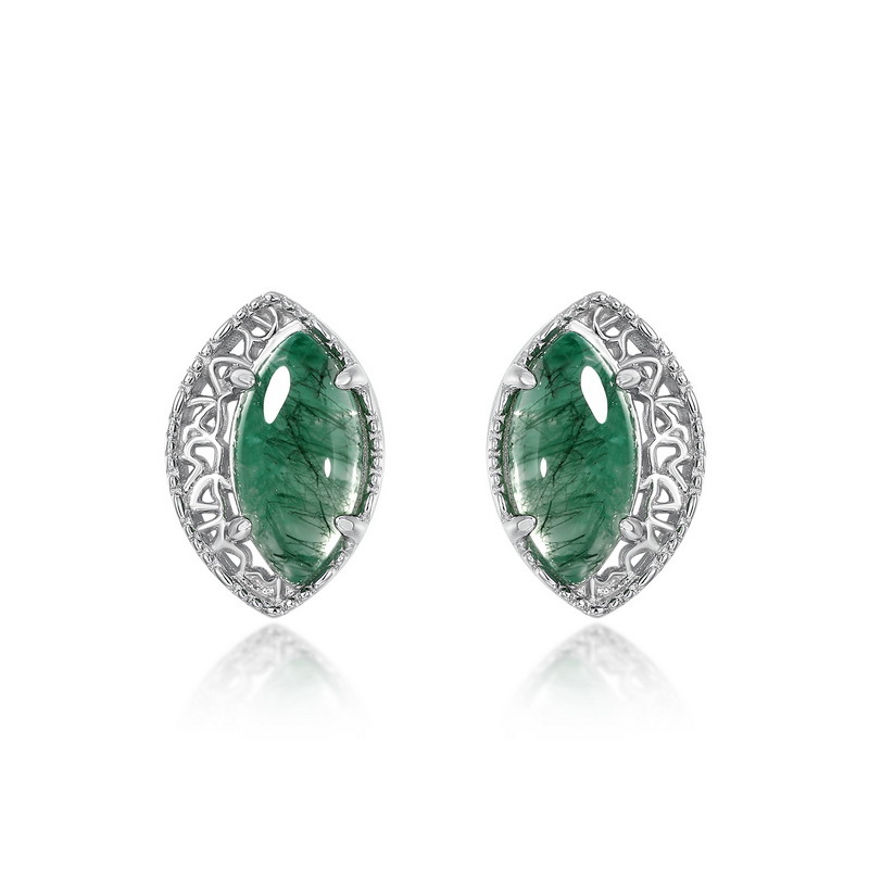 Pendientes de ágata de hierba de agua natural geométrica plateada S925 transfronteriza Pendientes de piedra de musgo verde Diseño de nicho de lujo simple y ligero