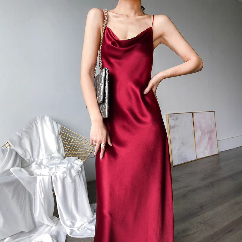 Triacetate Satin dress Tricolor 45 Degree Bare-Cut Swing Collar wine red Strap Long Dress