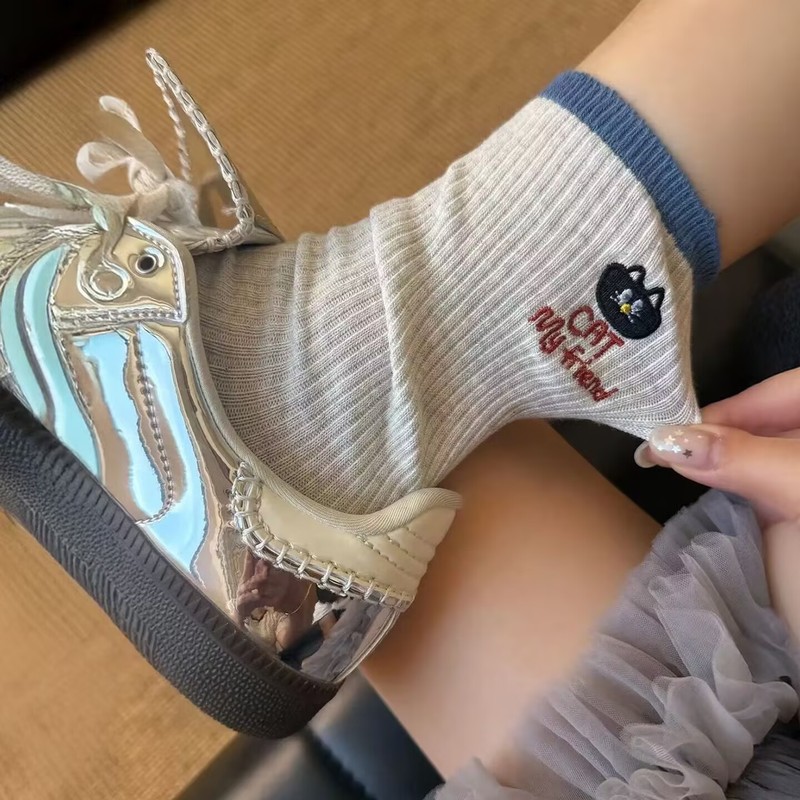 新款猫与鱼AB版不对称百搭可爱ins潮卡通少女潮流中筒堆堆袜女袜|undefined