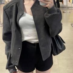 休闲灰色夹克棒球服外套女高级感宽松显瘦气质毛呢短款开衫秋季
