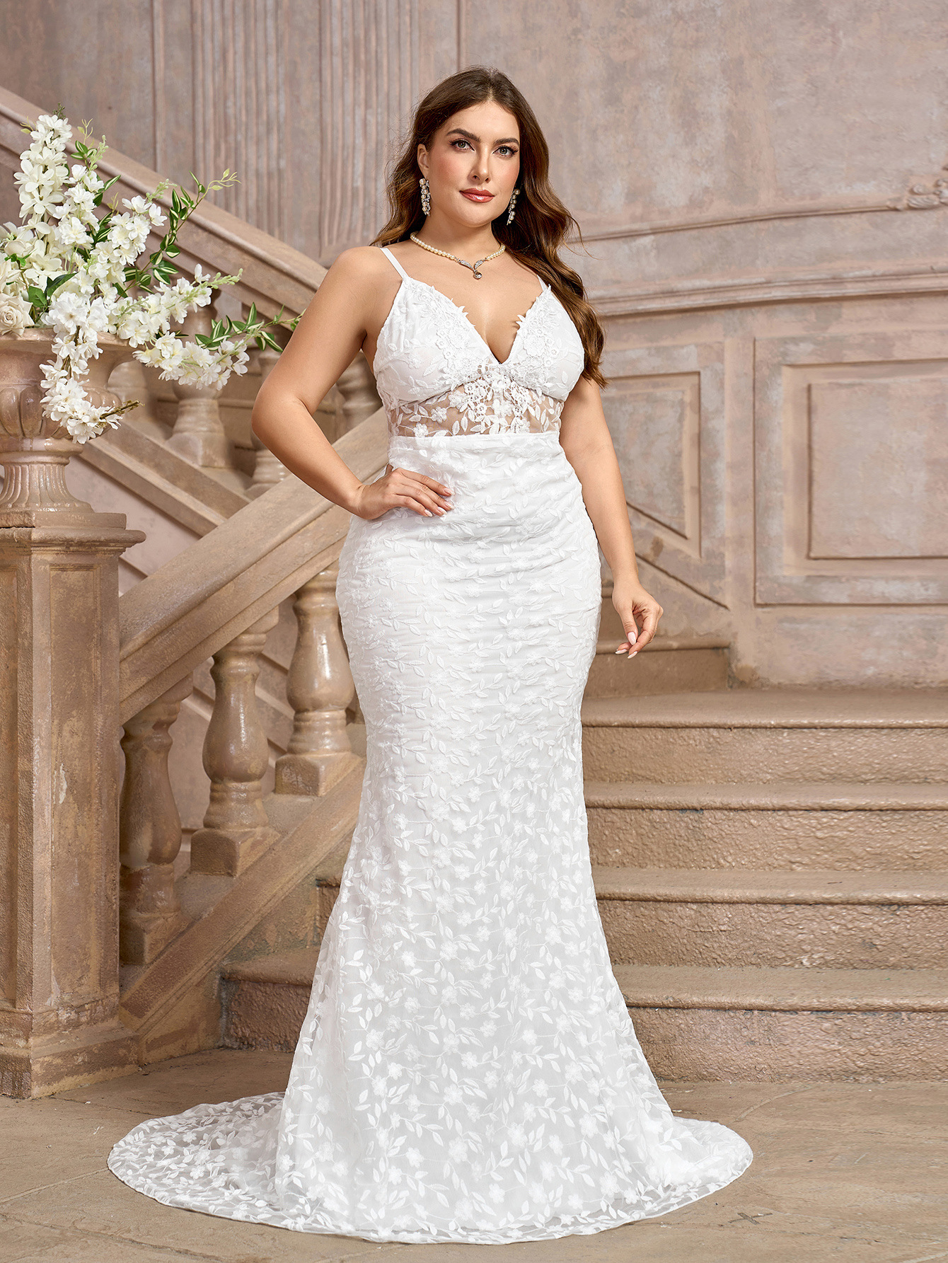 White V-neck Evening Dress For Women Long Trailing Wedding Style_voghion.com