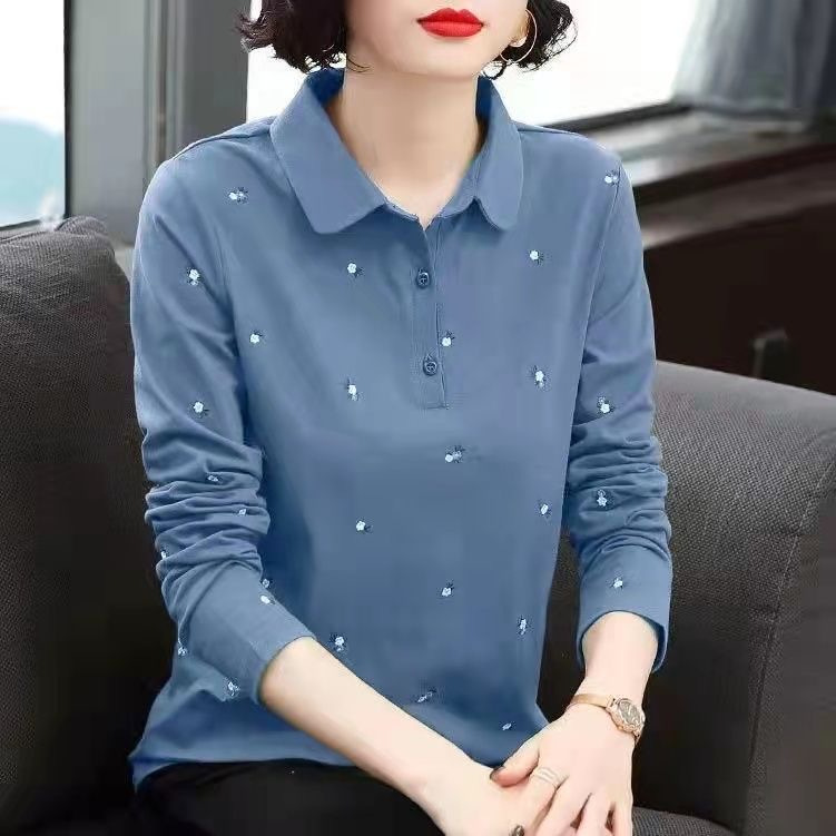 Women's long-sleeved polo shirt with collar, new autumn and winter style, plus size, age-reducing and versatile base layer.