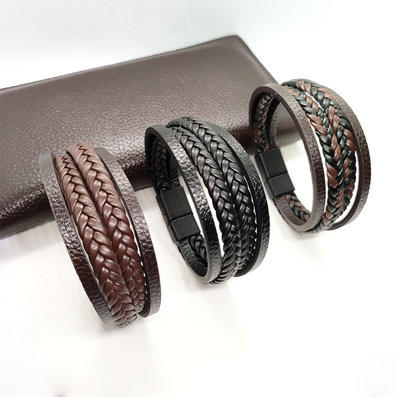 Cross-border e-commerce jewelry multi-layer simple woven men's leather bracelet Europe and the United States new magnet buckle imitation leather jewelry
