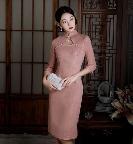 Blue pink Chinese dress oriental qipao dress for women Temperament retro hollowed out thin young girl cheongsam 