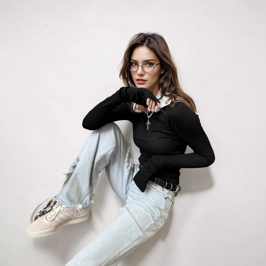 欧美薄款圆领打底衫亚马逊时尚堆堆袖修身百搭长袖t恤上衣休闲女