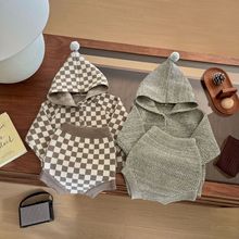 ins婴儿衣服春季套装洋气百搭宝宝连帽针织外套背带裤两件套秋款