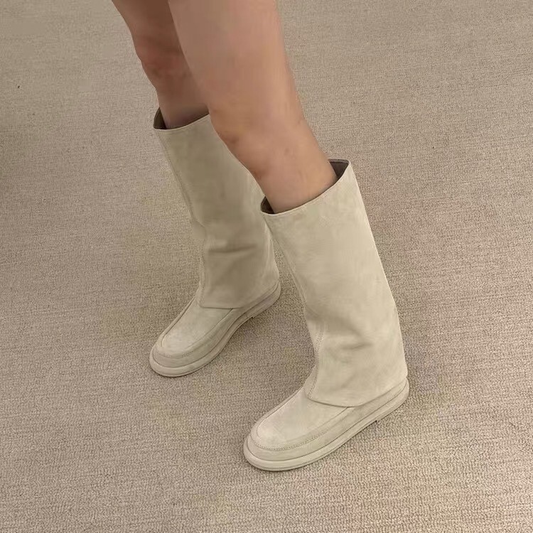 牛皮版~法式真皮厚底长筒靴裤管靴女25年新款圆头绒面长靴骑士靴|undefined