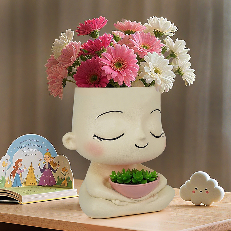 Manufacturer  Nordic Ins Boy Holding Bowl Resin Flower Pot with Double Planting Holes Home Garden Planting Container Decoration