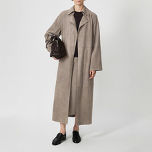 真皮皮衣HN5221极简风进口双面山羊反绒翻领过膝超长款风衣外套女