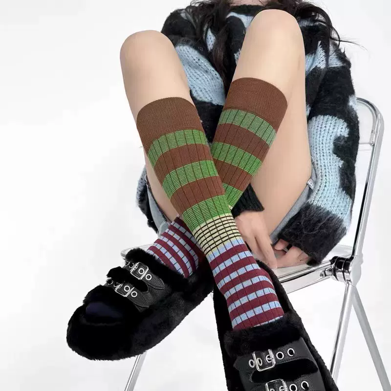 条纹复古撞色小腿袜网红双针及膝堆堆袜男女个性时尚秋冬纯棉袜子