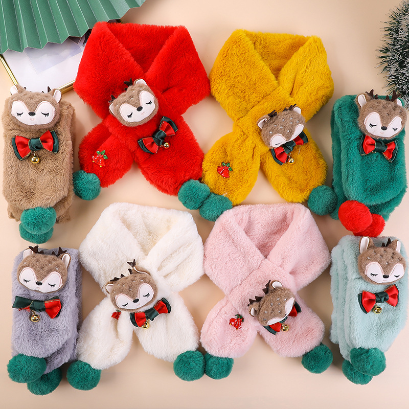 New 2021 Cute Rabbit-Fur Plush Children's Scarf Autumn/Winter Dual Ball Cartoon Moose Christmas Warm Neck Gaiter Wholesale
