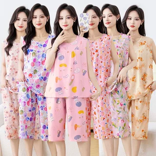 夏季棉绸吊带睡衣女款无袖背心七分裤套装夏天薄款家居服可外穿