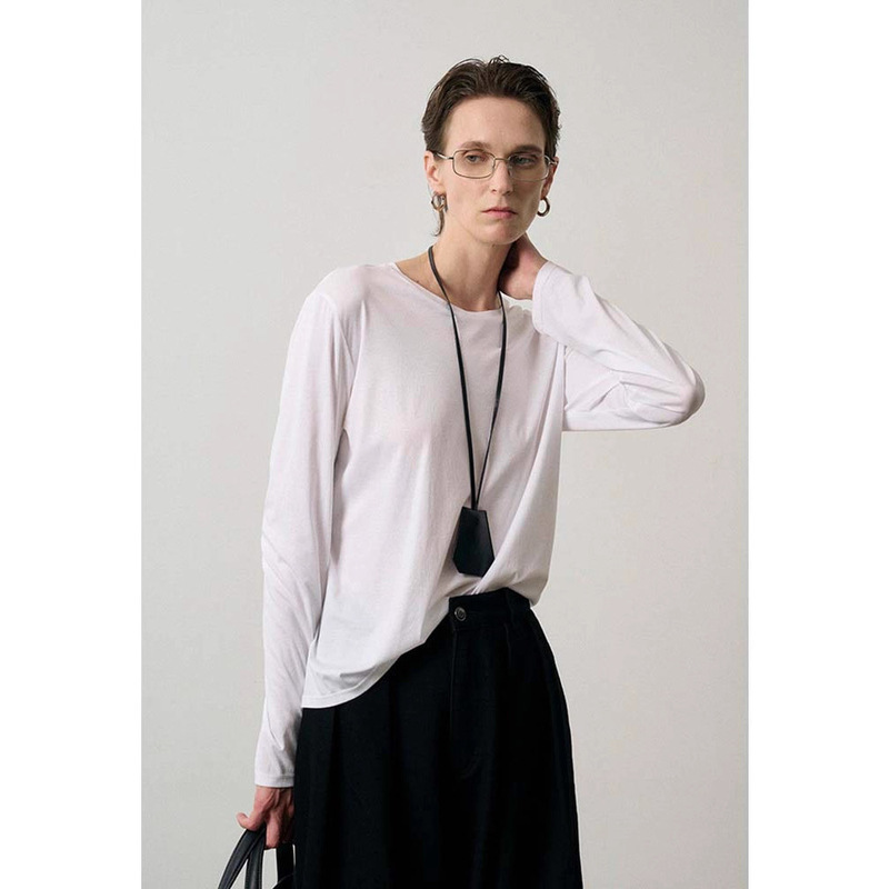 Wenjiu High-End 100-Count Pima Cotton Right Shoulder Slightly Loose Long-Sleeved Design Round Neck Comfortable T-Shirt for Women 7717