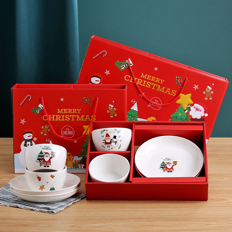 Tableware Set in Stock Cross-Border Cartoon Santa Claus Ceramic Tableware 4 Bowls 2 Plates Christmas Gifts Wholesale