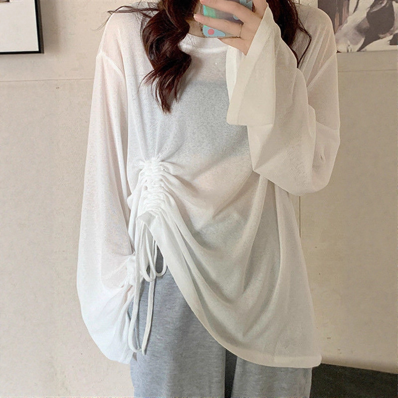 Thin Sun Protection Blouse Long-Sleeved T-Shirt for Women Summer New Loose Large Size 150kg Fat mm Outer Drawstring Top