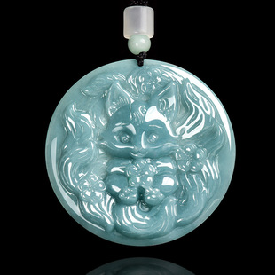 Natural A-Grade Jadeite Blue Water Spirit Fox Nine-Tailed Fox Baby Pendant, Cute and Unique Jadeite Charm for Women