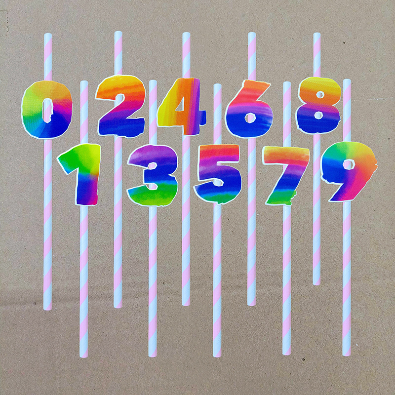 Decoración de fiesta digital colorida paja tarjeta de pastel de cumpleaños desechable paja de papel degradable 0 - 9 años